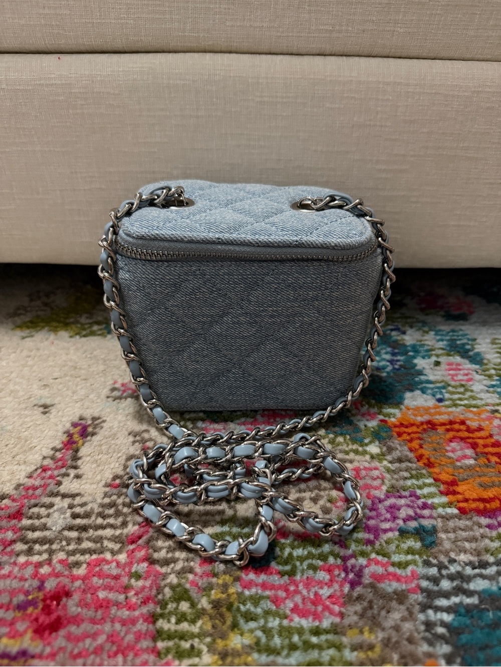 Mini Quilted Denim Crossbody Bag with Chain Strap - Blue